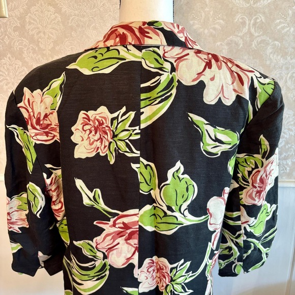 Cute Linen Blend 90s Black No Close Jacket with Large Print Pink Flowers Size 14 - Picture 6 of 10